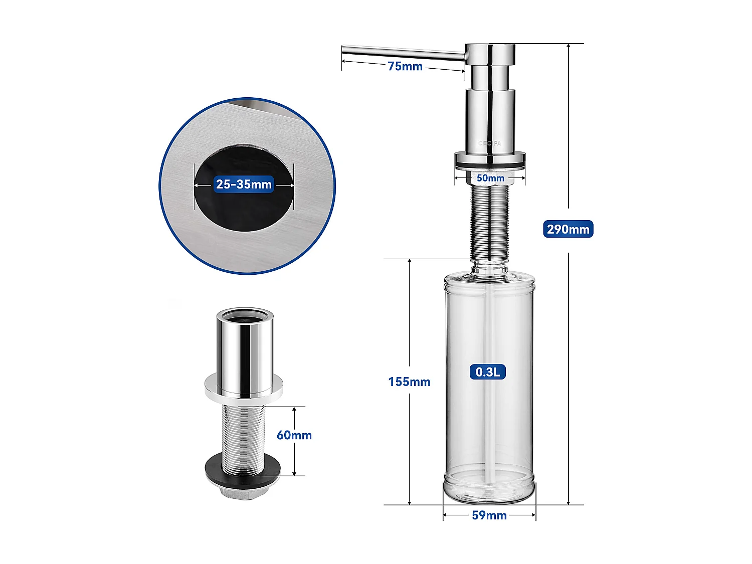Cecipa MAX Évier de Cuisine 1 Bac 40x44x19 cm - Évier Inox Évier Encastré Brossé + 300ML Distributeur de Savon de Cuisine Chromé