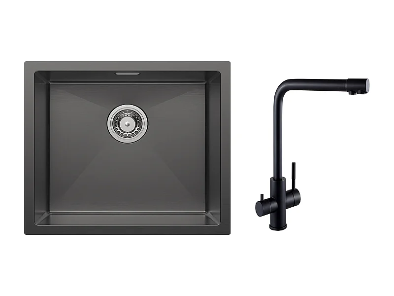 CECIPA MAX Fregadero de cocina Fregadero de acero inoxidable de 1 seno 50*44 cm negro antracita + Mezclador de fregadero de 3 vías, 2 palancas, negro