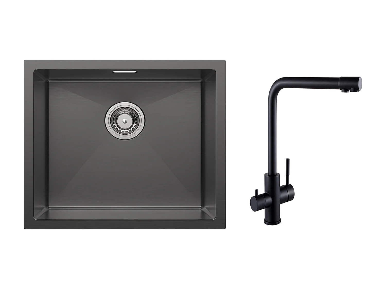 CECIPA MAX Évier de Cuisine 1 Bac Évier Inox 50*44CM Noir Anthracite + Mitigeur Evier à 3 Voies, 2 Leviers, Noir