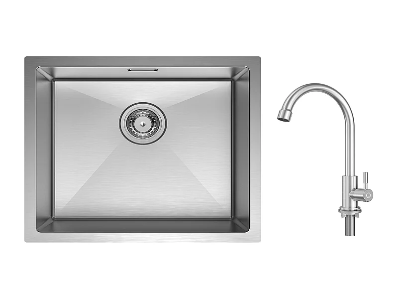 CECIPA MAX Évier de Cuisine 1 Bac Brossé Évier Inox 50*44CM + Robinet de Cuisine à eau Froide,Brossé
