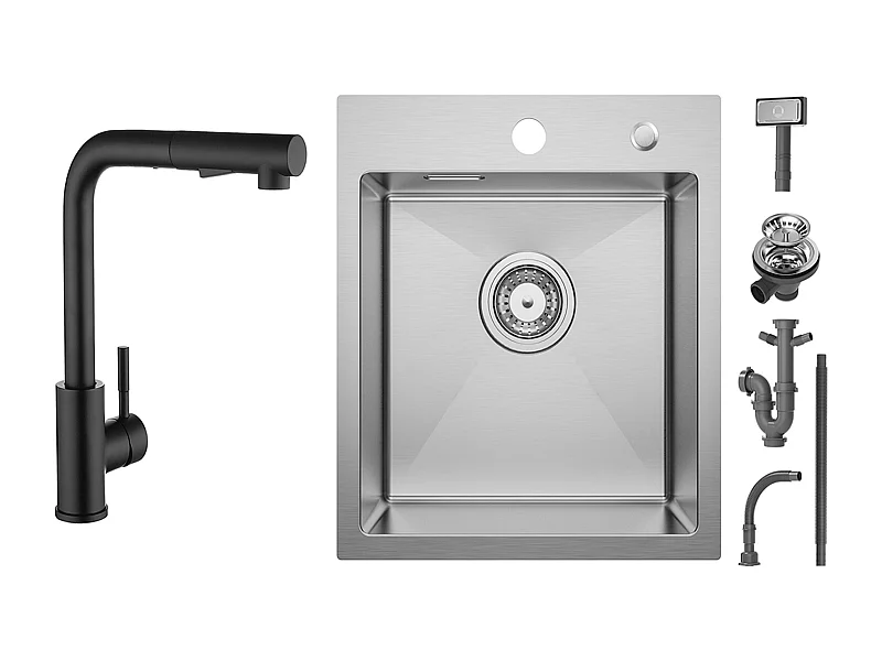 Cecipa max keukenspoelbak 1 bak 40 x 45 cm spoelbak van geborsteld roestvrij staal 1 bak + zwarte keukenmengkraan met uittrekbare straal 2 straalsoorten