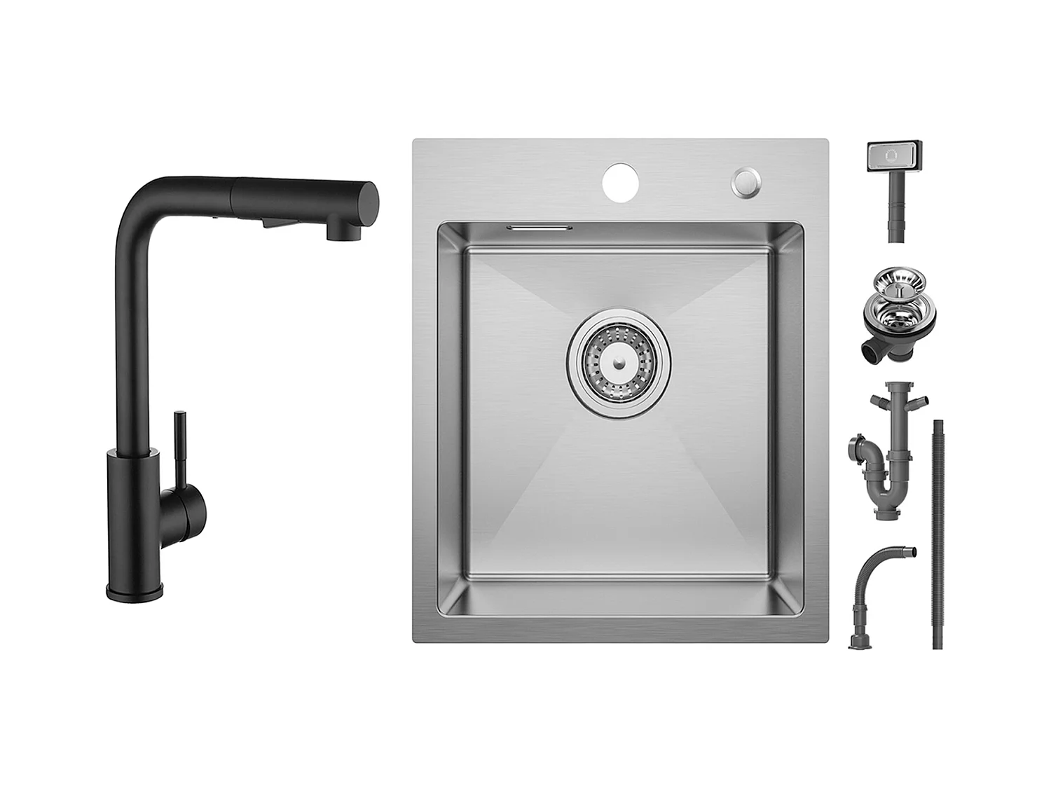 Cecipa max Évier Cuisine 1 Bac 40 × 45 cm Évier Inox Brossé 1 Cuve + Mitigeur de Cuisine Noir avec Douchette Extractible 2 Modes de pulvérisat