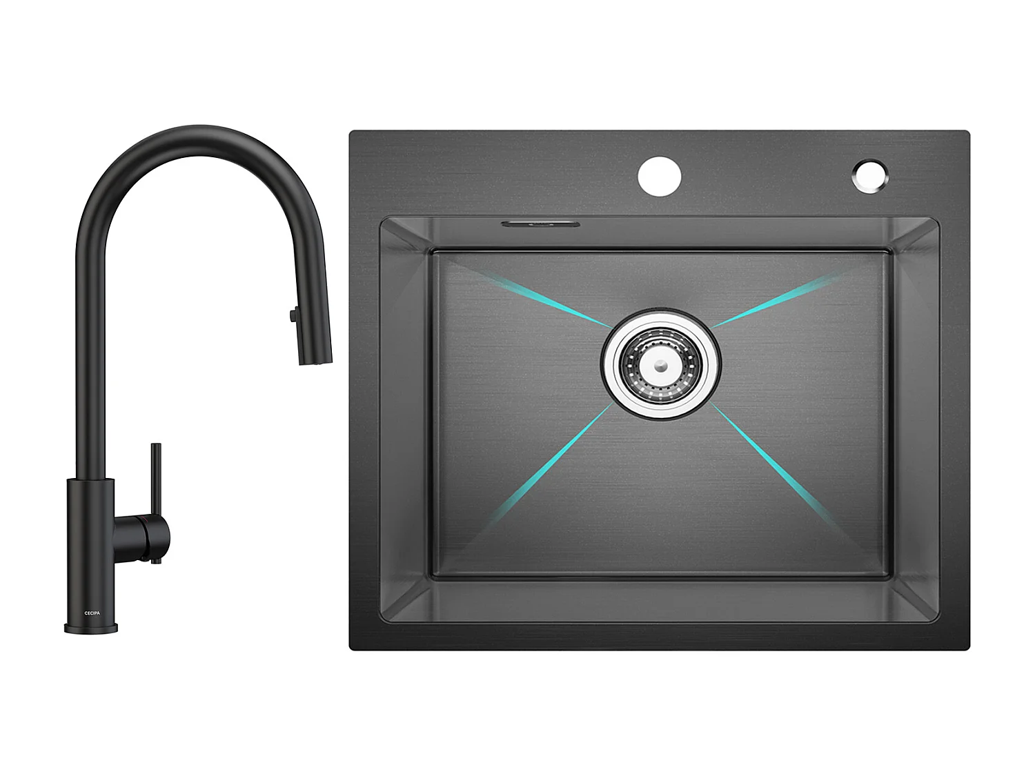 Évier Inox Évier 1 Bac 50×45 cm Évier de Cuisine en Nanomètres Noir + Mitigeur de Cuisine Avec Douchette Extractible, 2 Modes de Sortie D'eau, Noir