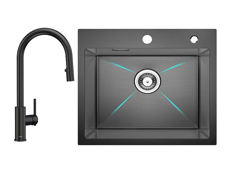 RVS spoelbak 1 spoelbak 50×45 cm zwart nanometer spoelbak + keukenmengkraan met uittrekbare straal, 2 waterafvoermodi, zwart