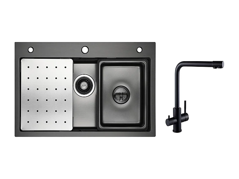 Évier de Cuisine 1 Cuve 70×45×21.5 cm + Egouttoir + Vasque + Distributeur de Savon + Mitigeur Evier à 3 Voies, 2 Leviers, Noir