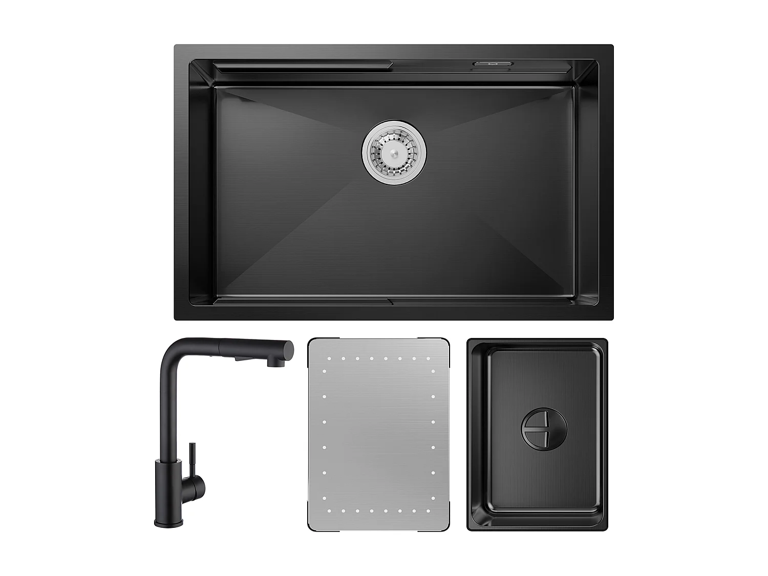 Cecipa max Évier Cuisine 1 Bac 70×44×21CM Évier à Encastrer Noir avec Egouttoir et Vasque + Mitigeur de Cuisine avec Douchette Extractible Noir