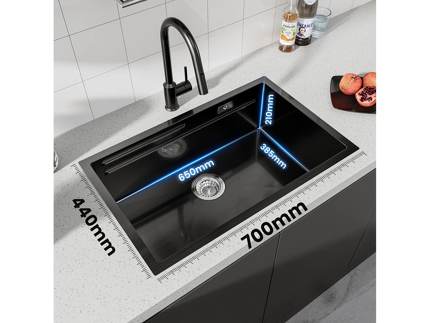 Cecipa max Keukenspoelbak 1 Kom 70×44×21CM Zwart Inbouwspoelbak met Afdruiprek en Wastafel + Keukenmengkraan met Uittrekbare Sproeier Zwart