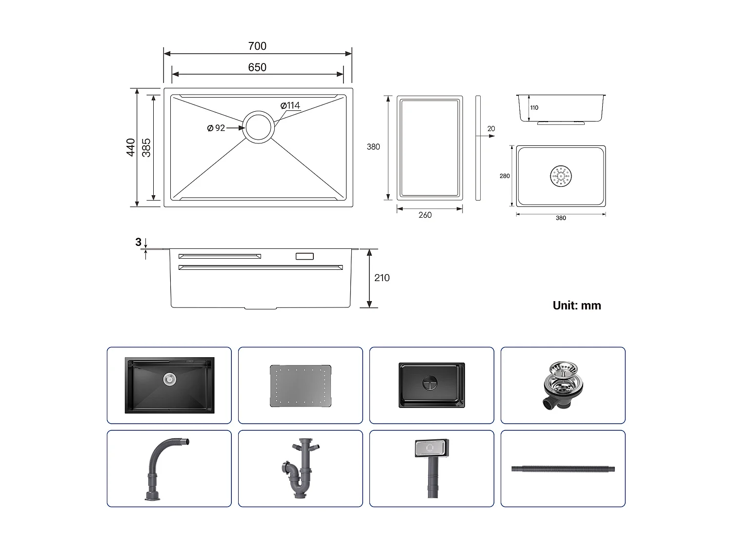 Cecipa max Keukenspoelbak 1 Kom 70×44×21CM Zwart Inbouwspoelbak met Afdruiprek en Wastafel + Keukenmengkraan met Uittrekbare Sproeier Zwart