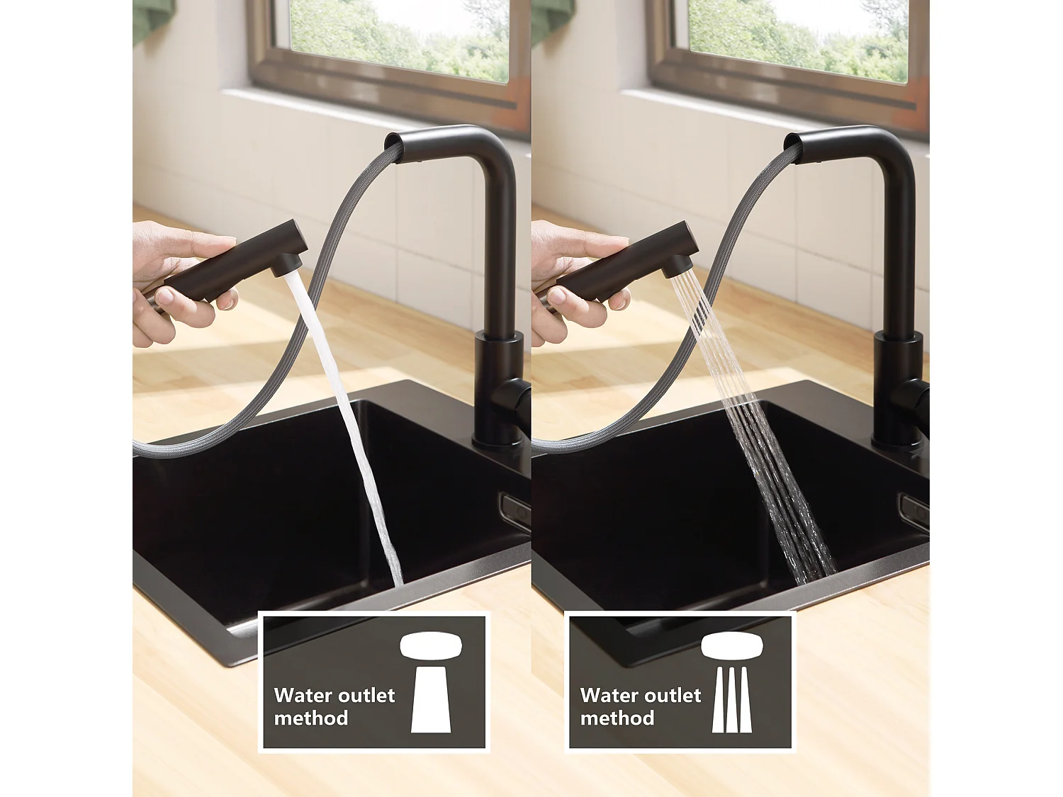 Cecipa max Keukenspoelbak 1 Kom 70×44×21CM Zwart Inbouwspoelbak met Afdruiprek en Wastafel + Keukenmengkraan met Uittrekbare Sproeier Zwart