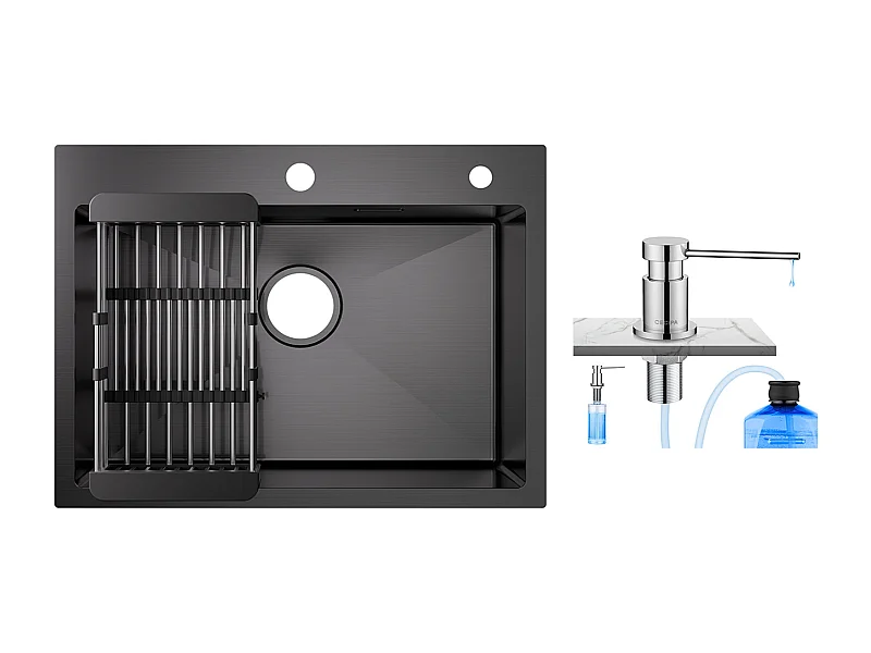 Lavello da cucina Cecipa MAX 1 vasca 60×45×18 cm Lavello in acciaio inox 201 nero con cestello di drenaggio + dispenser di sapone da cucina cromato da 300 ml