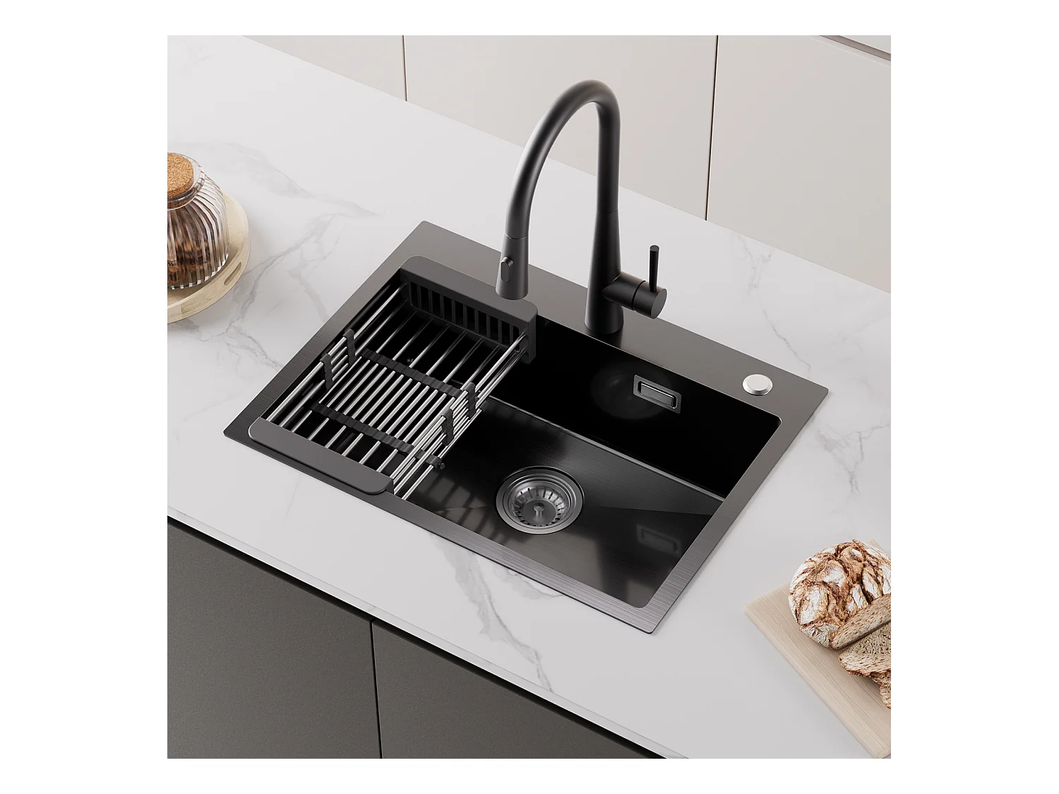 Cecipa MAX Einzelbecken-Küchenspüle 60×45×18CM Schwarze 201 Edelstahlspüle mit Abtropfkorb + 300ML Chrom-Küchenseifenspender