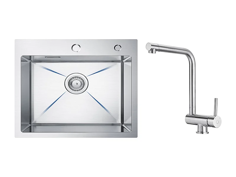 CECIPA MAX Évier Cuisine 1 Bac 50×45×18.5CM Évier Inox Brossé + Mitigeur de Cuisine Rabattable Brossé