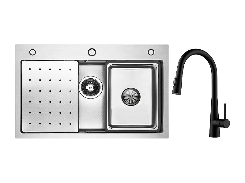 Cecipa max Edelstahlspüle 70×45×CM mit Abtropffläche, Becken und Seifenspender + Mischbatterie mit ausziehbarer Dusche, 3 Wasserauslassmodi, schwarz