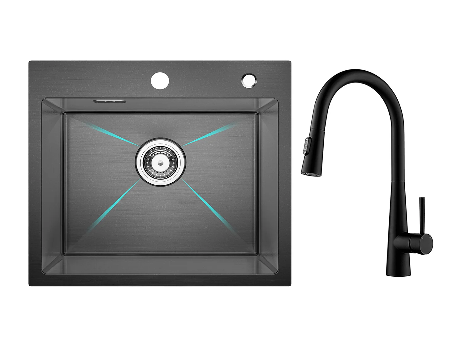 Cecipa max roestvrijstalen spoelbak 1 spoelbak 50×45 cm spoelbak in zwart nanometer + mengkraan met uittrekbare straal, 3 waterafvoermodi, zwart