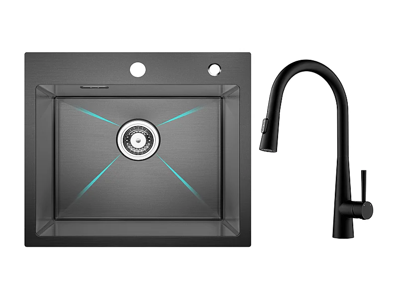 Cecipa max roestvrijstalen spoelbak 1 spoelbak 50×45 cm spoelbak in zwart nanometer + mengkraan met uittrekbare straal, 3 waterafvoermodi, zwart