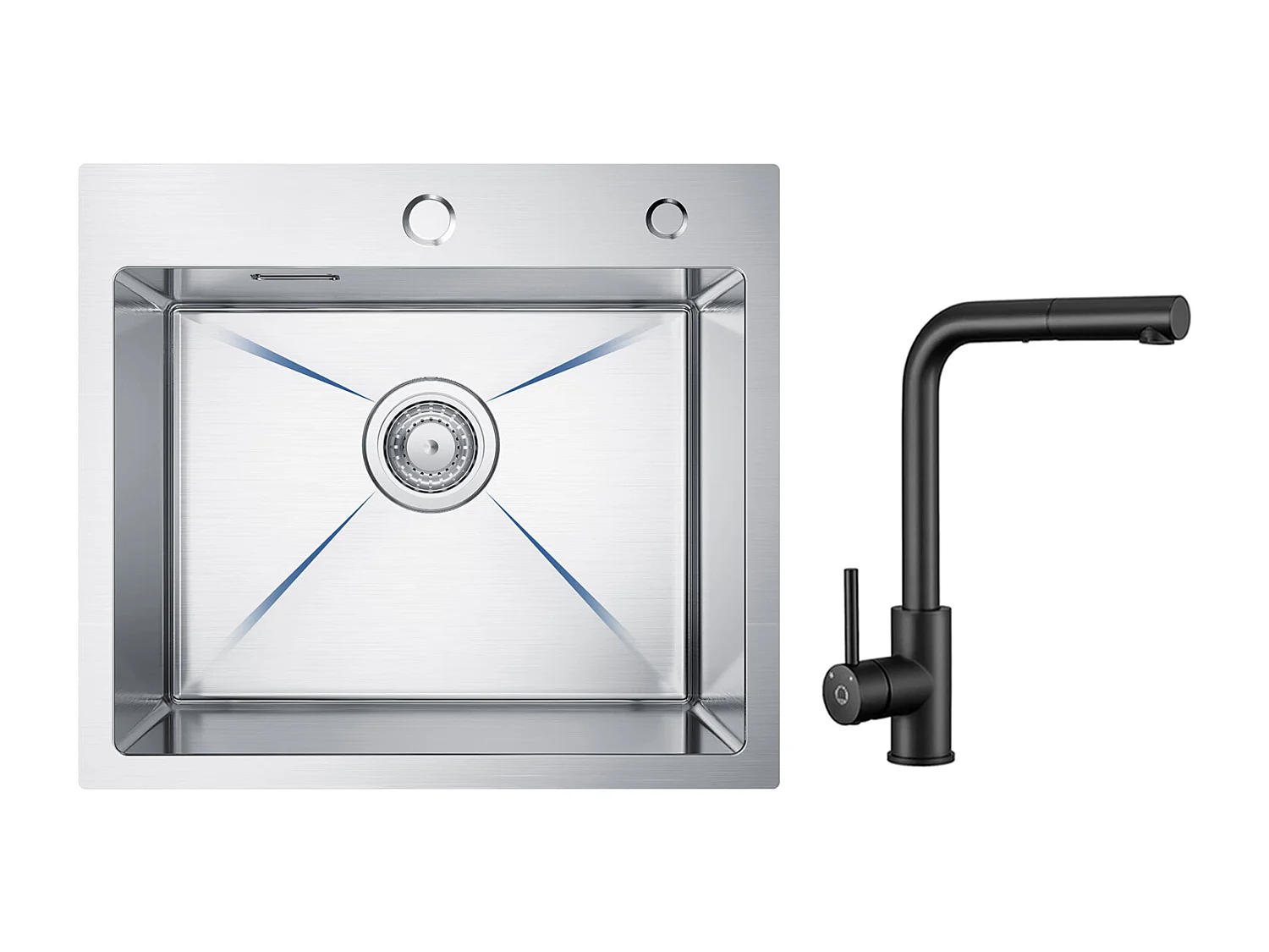 Cecipa max Lavello Inox Lavello Cucina 1 Vasca 50×45 cm Lavello Cucina Spazzolato + Miscelatore Cucina Nero Con Doccetta Estraibile, Girevole 360°