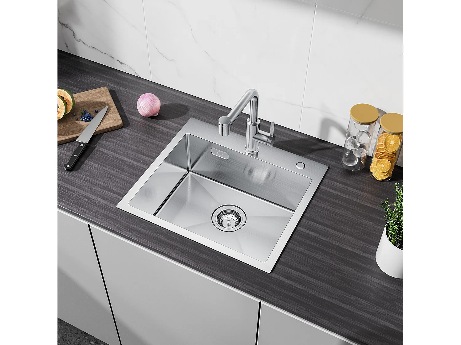 Cecipa max Lavello Inox Lavello Cucina 1 Vasca 50×45 cm Lavello Cucina Spazzolato + Miscelatore Cucina Nero Con Doccetta Estraibile, Girevole 360°