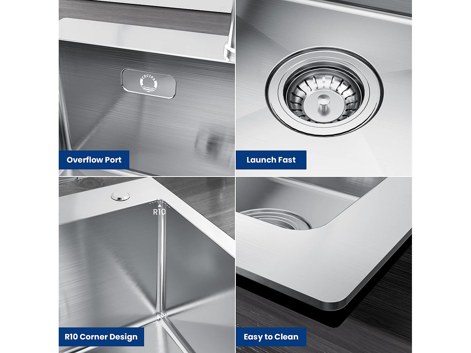 Cecipa max Lavello Inox Lavello Cucina 1 Vasca 50×45 cm Lavello Cucina Spazzolato + Miscelatore Cucina Nero Con Doccetta Estraibile, Girevole 360°