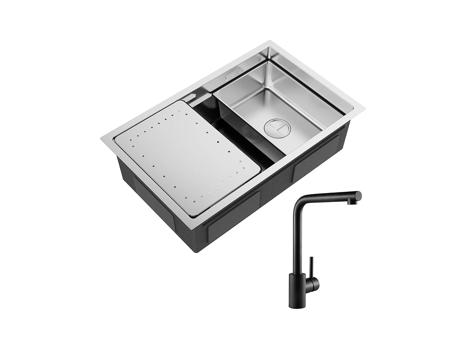 1 Becken Küchenspüle 70×44×21CM Spüle aus gebürstetem Edelstahl mit Abtropffläche und Becken + 360° drehbarer schwarzer Spültisch-Mischhahn