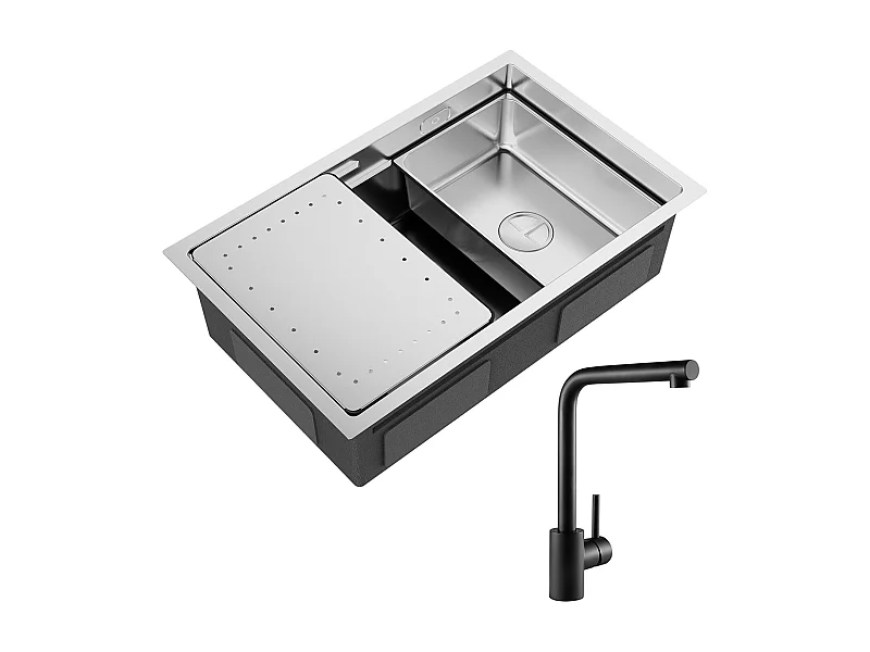Fregadero de Cocina Fregadero de Acero Inoxidable Cepillado de 1 Seno de 70 × 44 × 21 CM con escurridor y Lavabo + Mezclador de Fregadero Negro Giratorio de 360 °