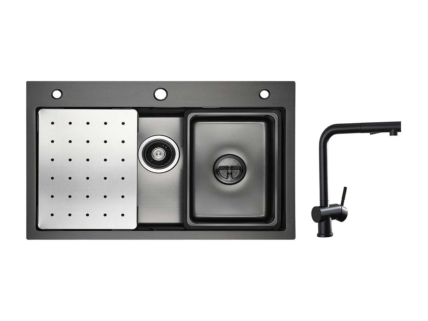 Cecipa max Évier 1 Bac 70×45CM Noir avec Egouttoir,Vasque et Distributeur de Savon + Robinet Cuisine avec Douchette Extractible,Mitigeur d'évier Noir