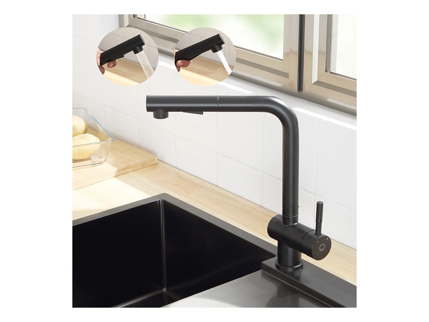 Cecipa max Évier 1 Bac 70×45CM Noir avec Egouttoir,Vasque et Distributeur de Savon + Robinet Cuisine avec Douchette Extractible,Mitigeur d'évier Noir