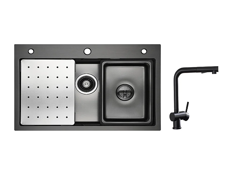 Cecipa max Évier 1 Bac 70×45CM Noir avec Egouttoir,Vasque et Distributeur de Savon + Robinet Cuisine avec Douchette Extractible,Mitigeur d'évier Noir