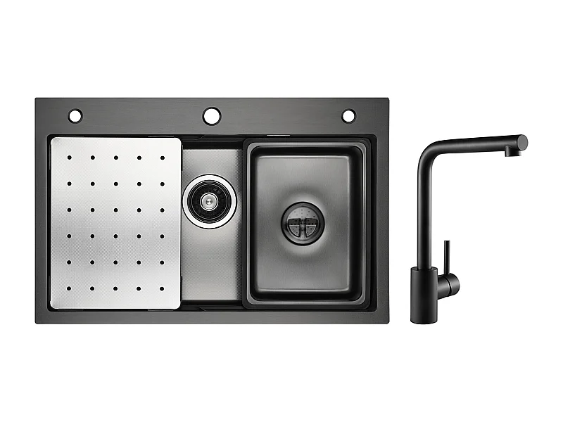 Évier de Cuisine 1 Cuve 70×45cm + Egouttoir + Vasque + Distributeur de Savon + Mitigeur de Evier Noir Rrotatif à 360 °