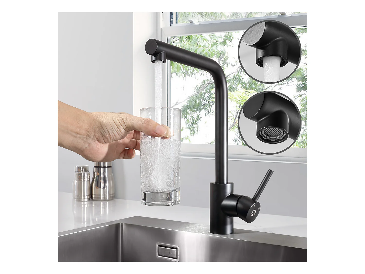 Lavello Cucina 1 Vasca 70×45cm + Gocciolatoio + Vaschetta + Dosatore Sapone + Miscelatore Lavello Nero Girevole 360°