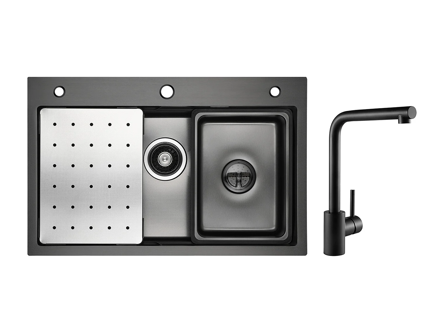 Fregadero de Cocina 1 Seno 70×45cm + Escurridor + Lavabo + Dispensador de Jabón + Mezclador de Fregadero Giratorio 360° Negro