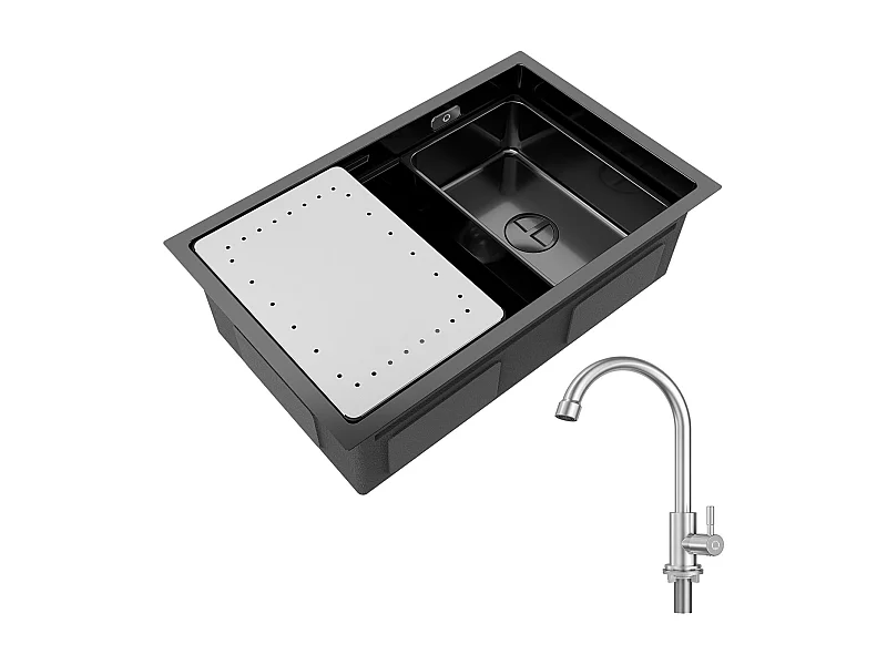Lavello da cucina 1 vasca 70×44×21 cm Lavello in acciaio inossidabile nero con gocciolatoio e vasca + rubinetto da cucina con acqua fredda, spazzolato