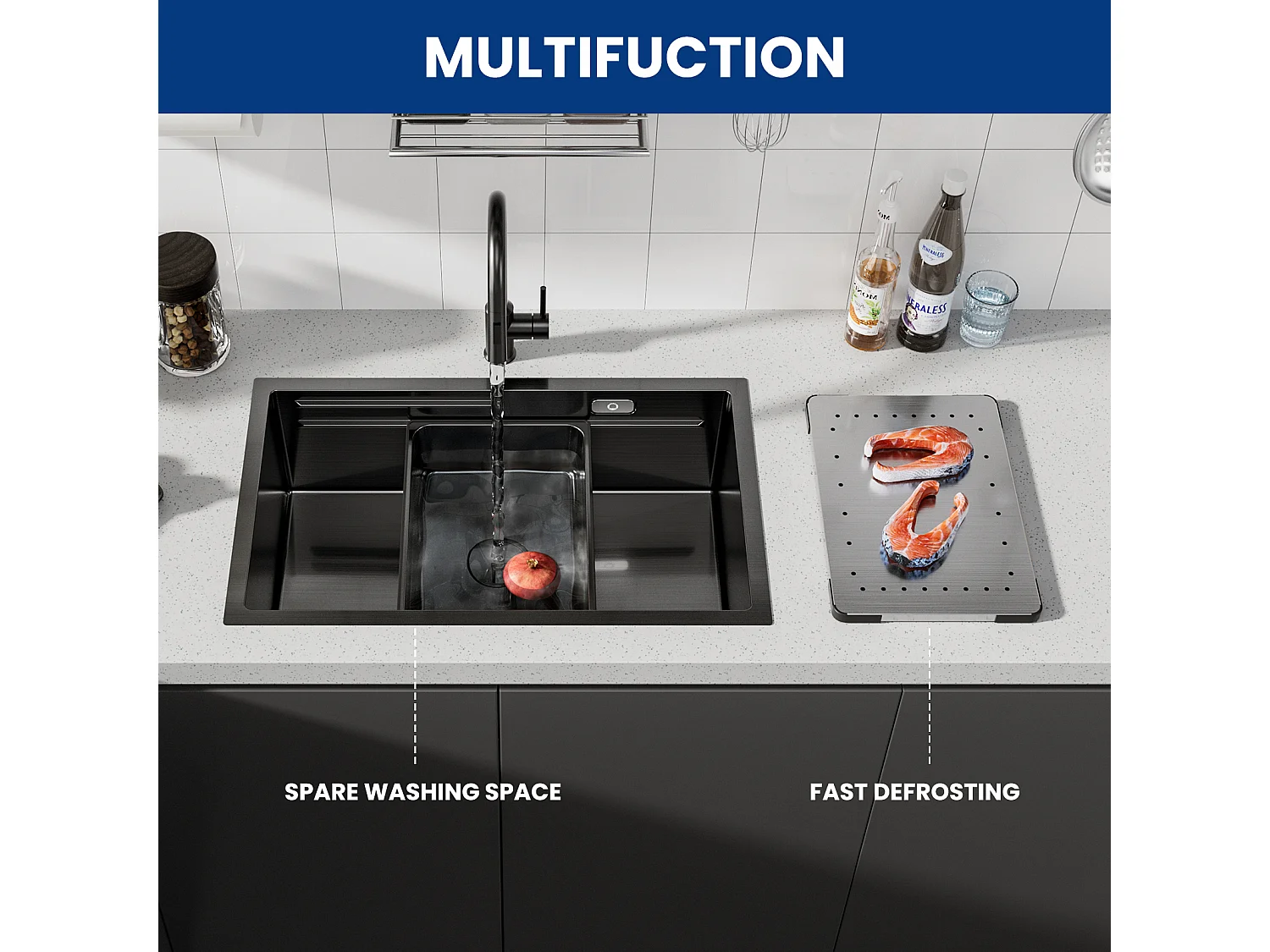 Évier Cuisine 1 Bac 70×44×21CM Évier Inox Noir avec Egouttoir et Vasque + Robinet de Cuisine à eau Froide,Brossé