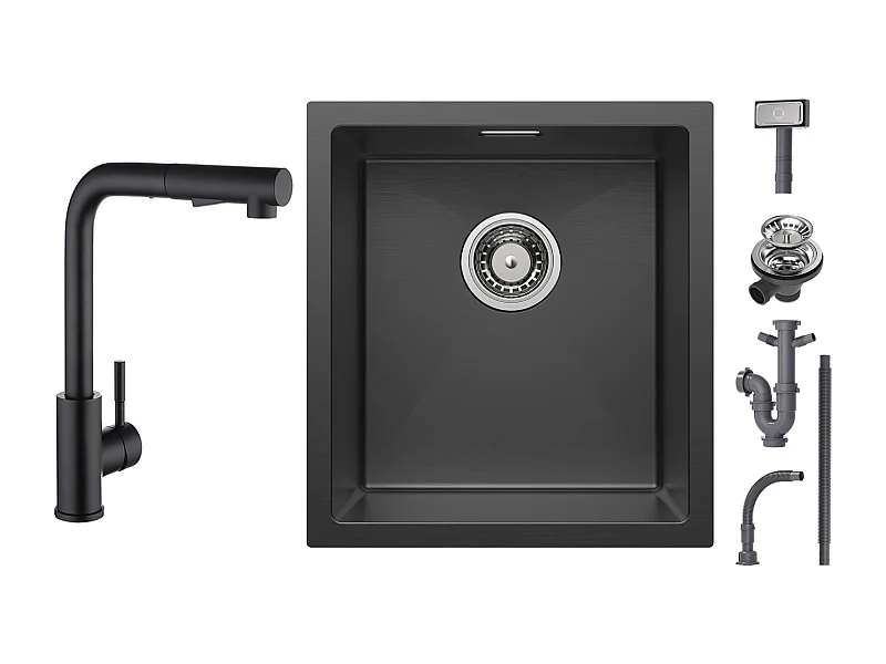 Cecipa max Fregadero encastrable de acero inoxidable 40*44*19 cm - Fregadero negro de 1 seno + Grifo de cocina mezclador negro con ducha extraíble 2 modos de chorro
