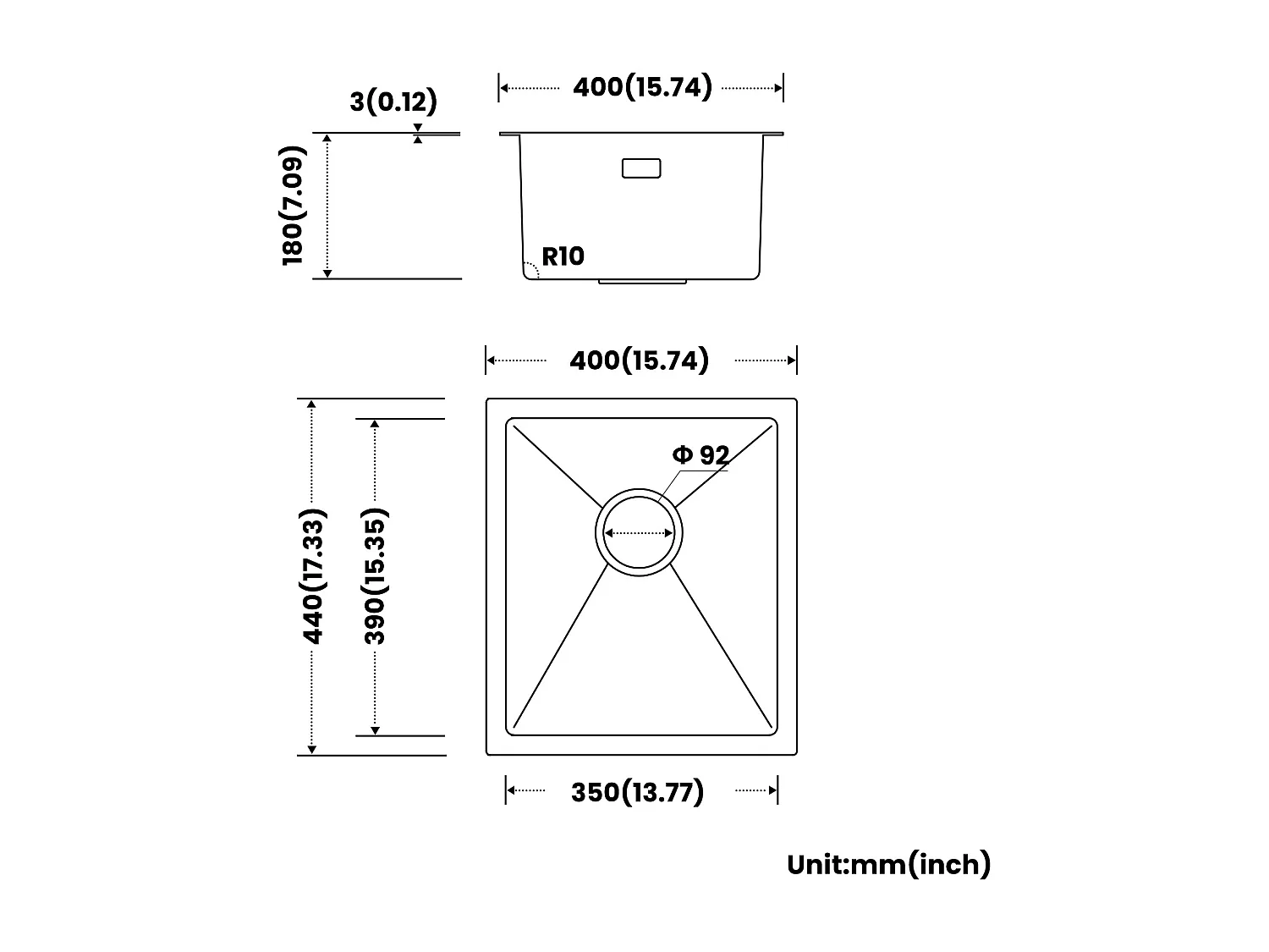 CECIPA MAX Edelstahlspüle 40*44*19 cm Einzelbeckenspüle Schwarz Küchenspüle + 3-Wege-Spültischarmatur, 2 Hebel, Schwarz