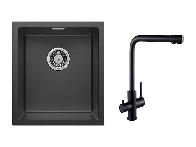 CECIPA MAX Fregadero de acero inoxidable 40*44*19 cm Fregadero de 1 seno negro + Mezclador de fregadero de 3 vías, 2 palancas, negro