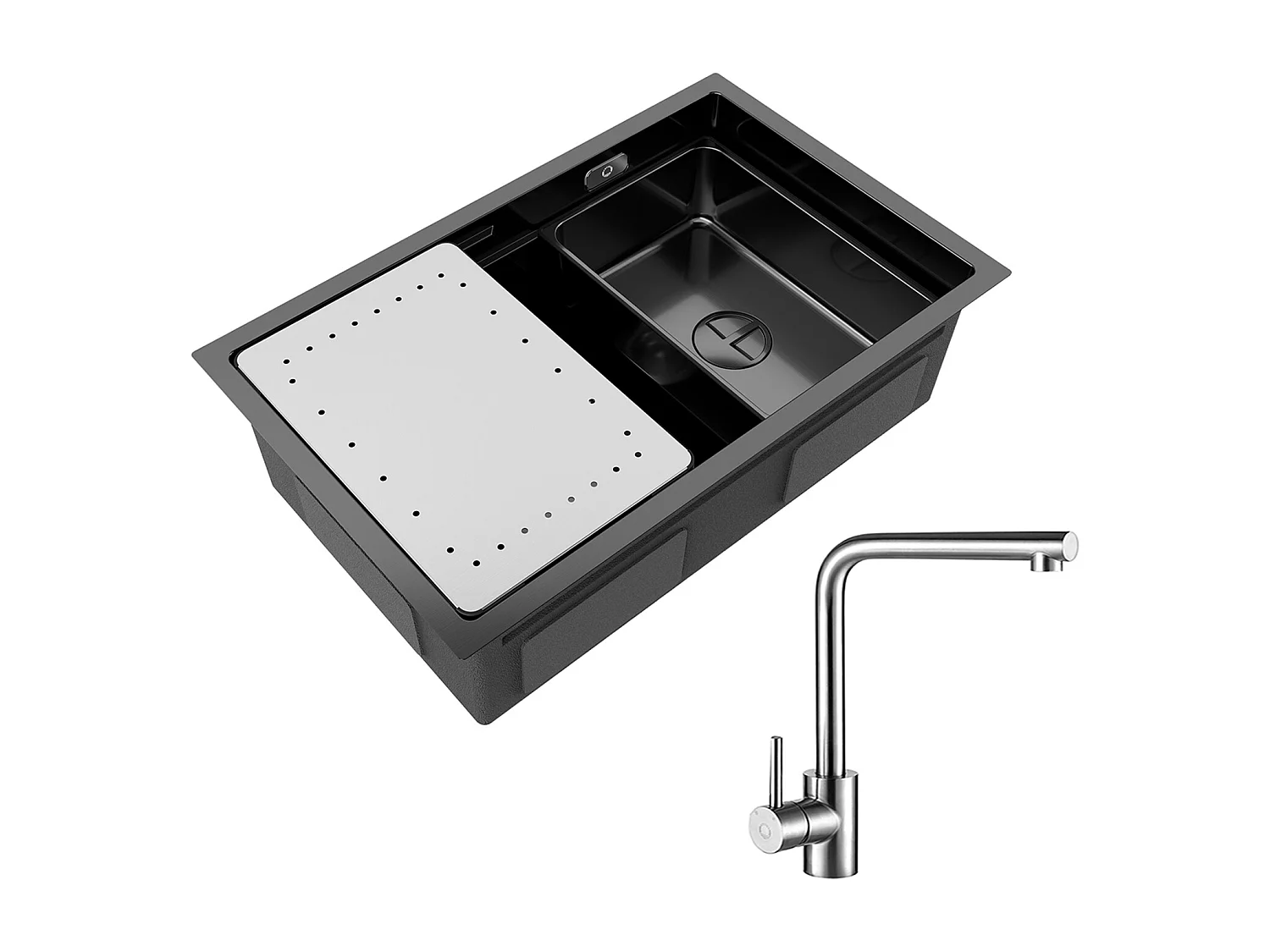 Küchenspüle 1 Becken 70×44×21CM Schwarze Edelstahlspüle mit Abtropffläche und Becken + 360° drehbare Spültischarmatur Gebürstet