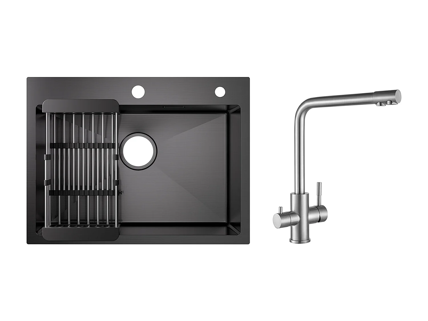 Évier Cuisine 1 Bac 60×45×18CM Évier Inox Noir avec Panier de Drainage + Mitigeur Cuisine pour Sstème D'osmose