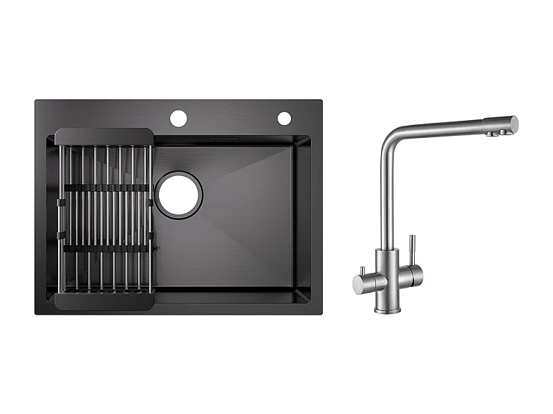 Lavello da cucina 1 vasca 60×45×18 cm Lavello in acciaio inox nero con cestello di scarico + miscelatore da cucina per sistema ad osmosi