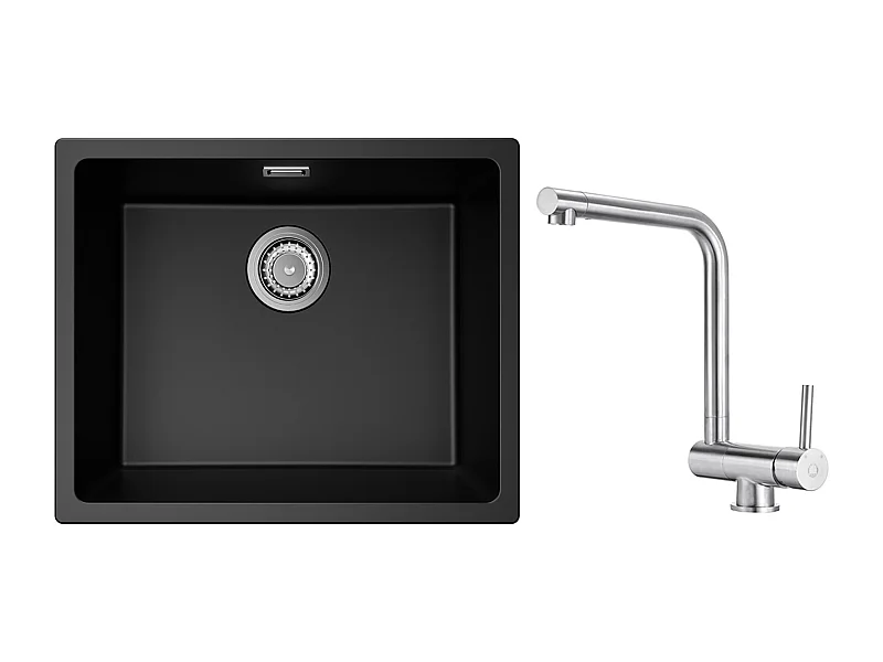 Cecipa MAX Évier de Cuisine 1 Bac 40x44x19 cm Évier Inox Brossé + Mitigeur Evier à 3 Voies, 2 Leviers, Noir