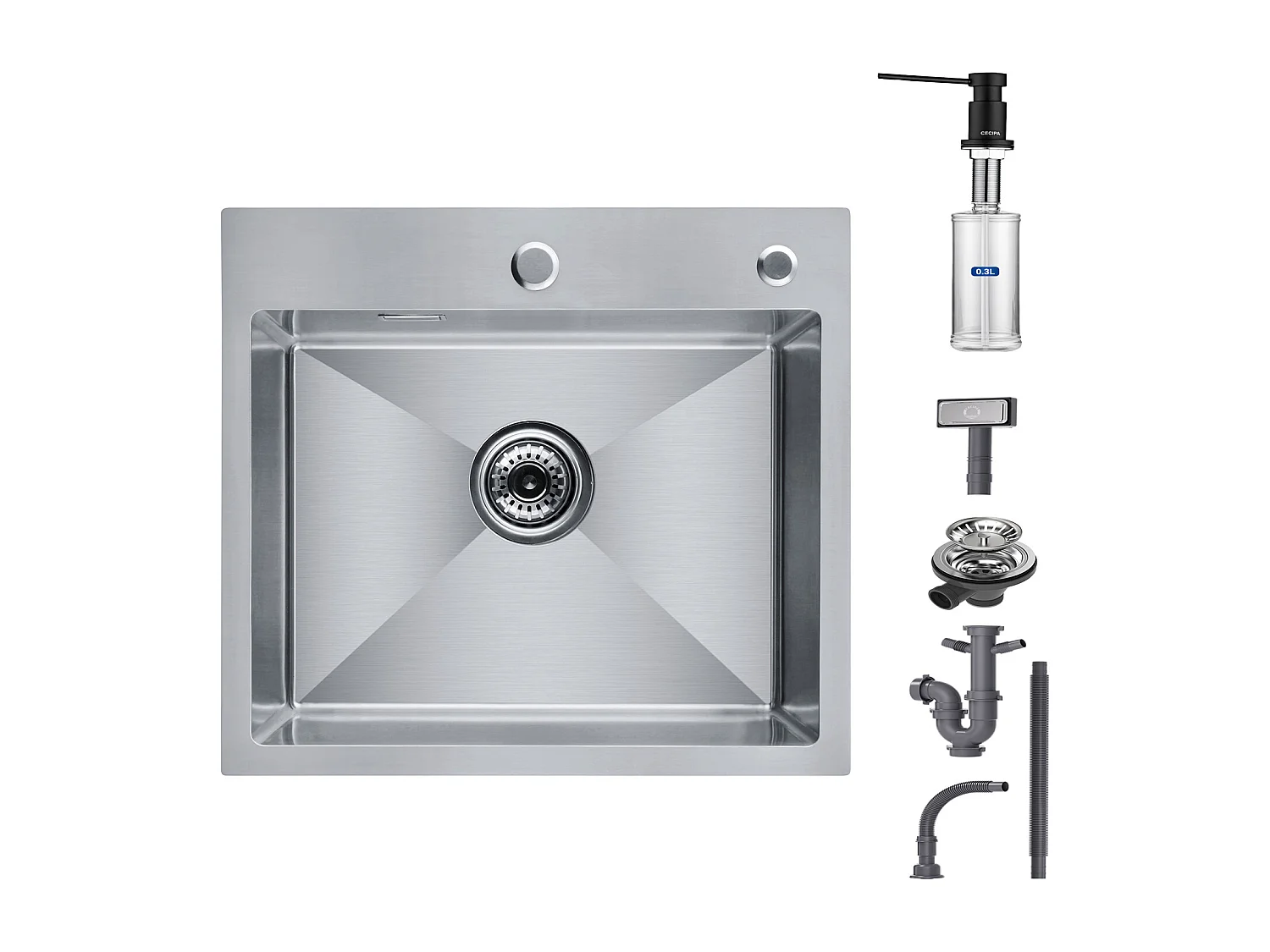 Cecipa max Aanrecht + Zeepdispenser - 1 Kom Aanrecht in Geborsteld Roestvrij Staal 50×45×18.5CM + Zeepdispenser