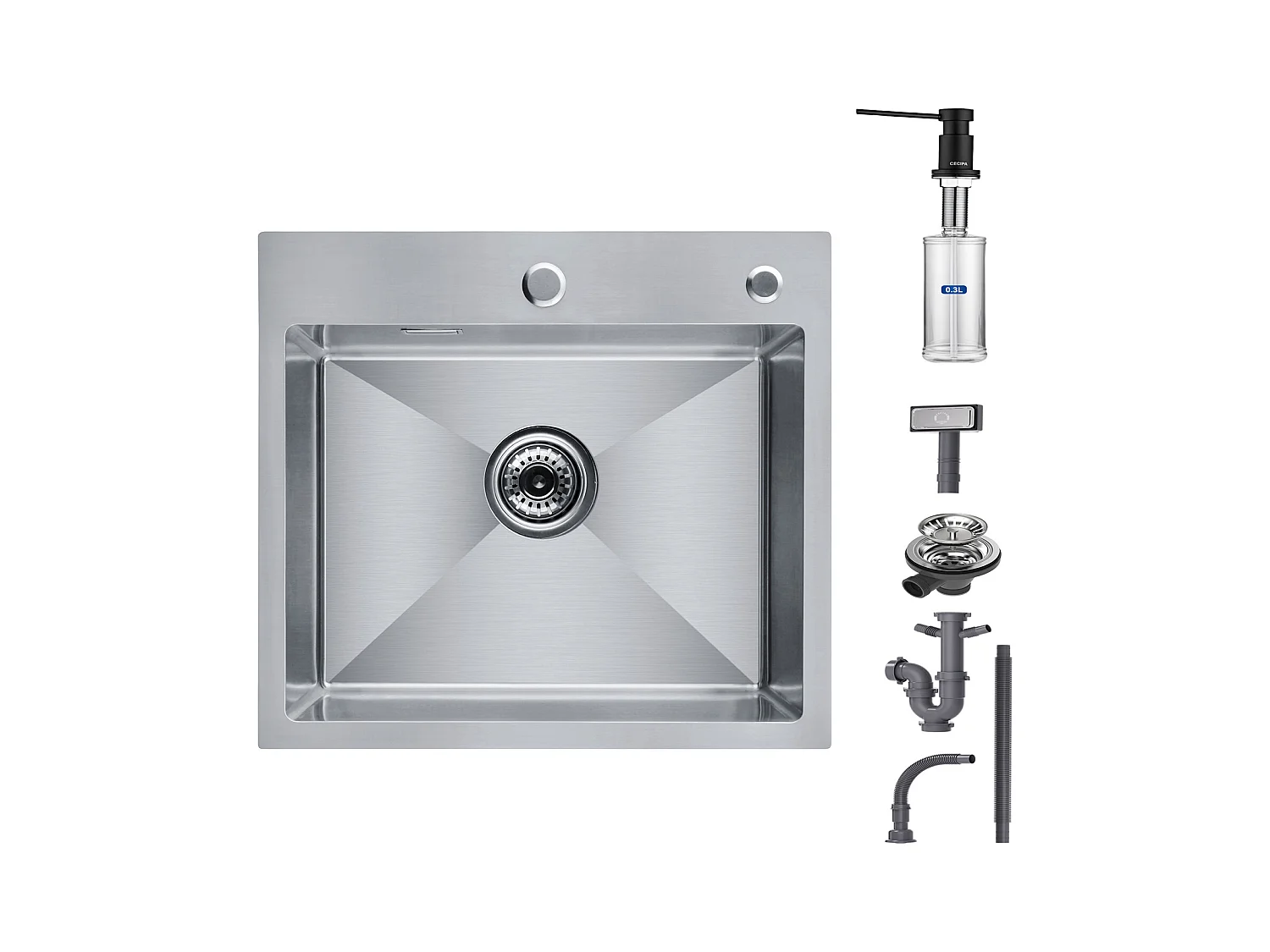 Cecipa max Évier de Cuisine + Distributeur de Savon - Évier Cuisine 1 Bac en Acier Inox Brossé  50×45×18.5CM + Distributeur de Savon