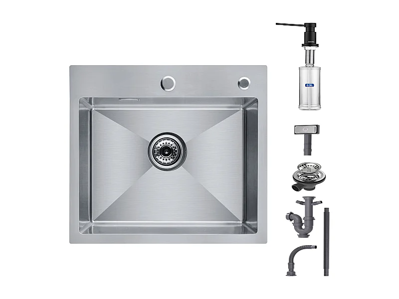 Cecipa max Évier de Cuisine + Distributeur de Savon - Évier Cuisine 1 Bac en Acier Inox Brossé  50×45×18.5CM + Distributeur de Savon