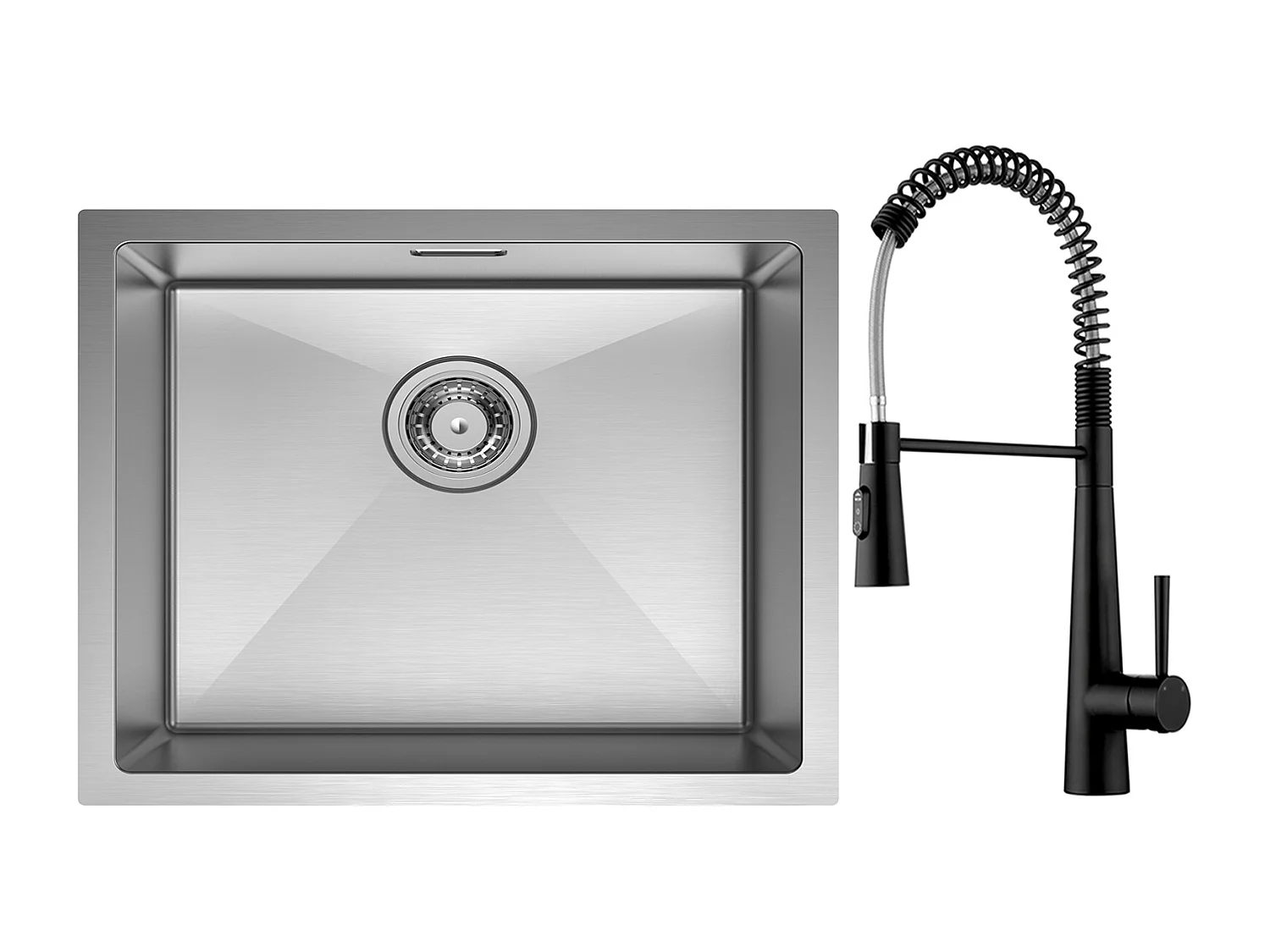 Cecipa max 1 wastafel 50*44cm geborsteld roestvrij staal keukenspoelbak + veer keukenmengkraan met 3 waterafvoermodi, zwart