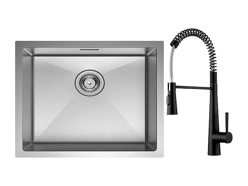 Cecipa max 1 wastafel 50*44cm geborsteld roestvrij staal keukenspoelbak + veer keukenmengkraan met 3 waterafvoermodi, zwart