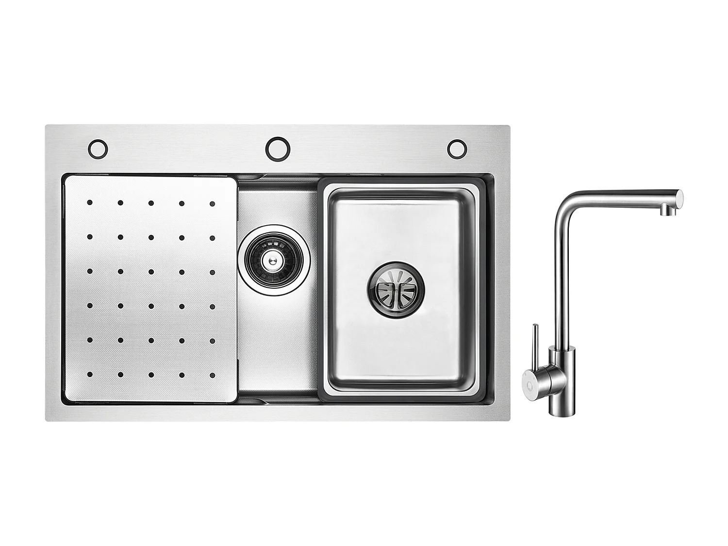 Évier 1 Bac 70×45CM Évier Inox Argent avec Egouttoir,Vasque, Distributeur de Savon + Mitigeur de Evier Rrotatif à 360 ° Brossé