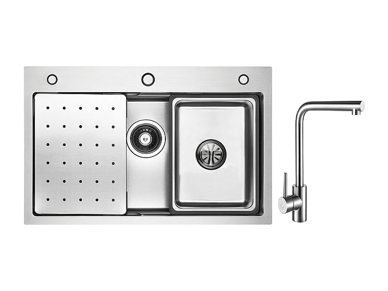 Einzelspüle 70×45CM Silber Edelstahlspüle mit Abtropffläche, Becken, Seifenspender + 360° drehbarer Spültischarmatur Gebürstet