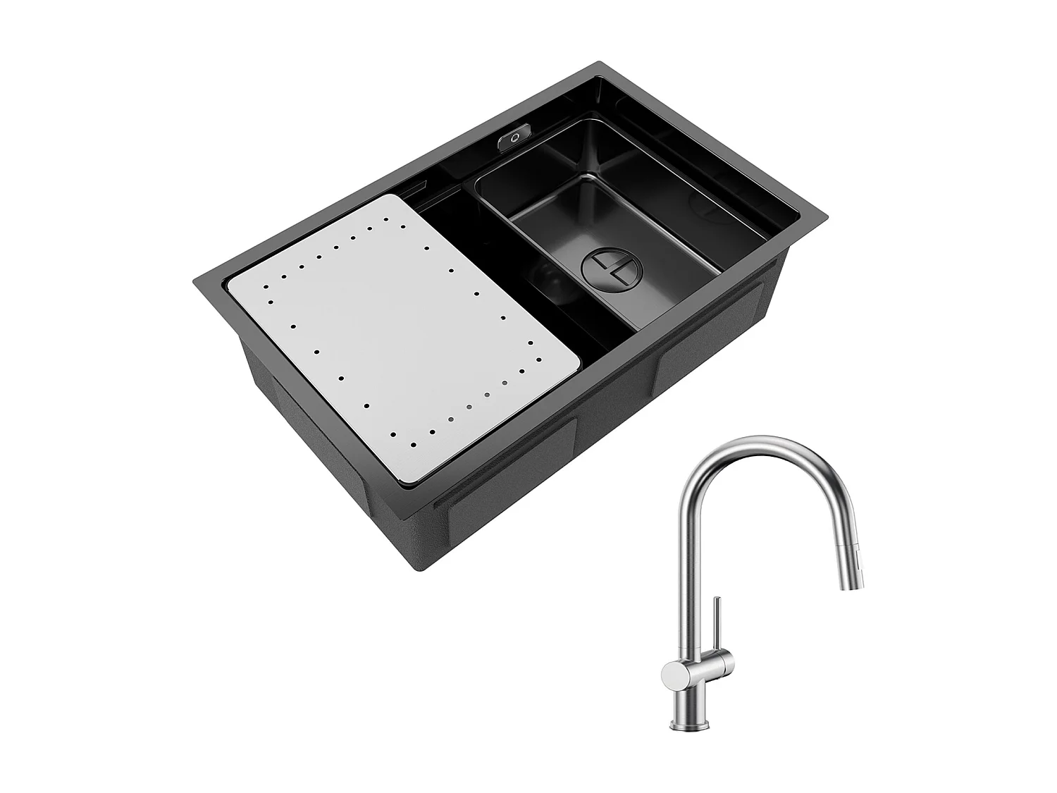 Cecipa max Einzelspüle 70×44×21 cm, schwarze Einbauspüle mit Abtropffläche und Becken + Küchenmischbatterie aus gebürstetem Edelstahl mit ausziehbarer Brause