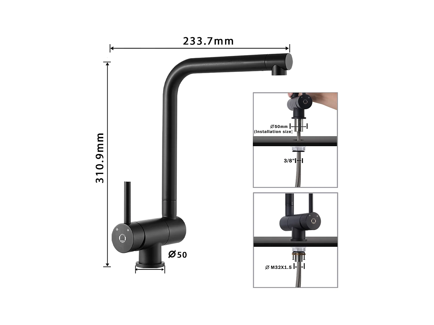 CECIPA MAX Évier Inox 40*44*19 cm Évier 1 Bac Évier de Cuisine Noir + Mitigeur de Cuisine Rabattable Noir
