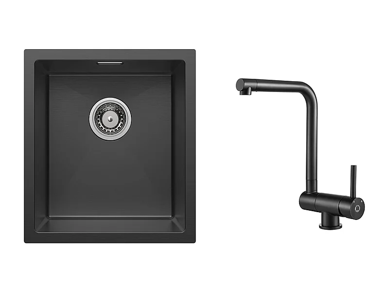 CECIPA MAX Fregadero de acero inoxidable 40*44*19 cm Fregadero de 1 seno Fregadero negro + Grifo de cocina plegable negro