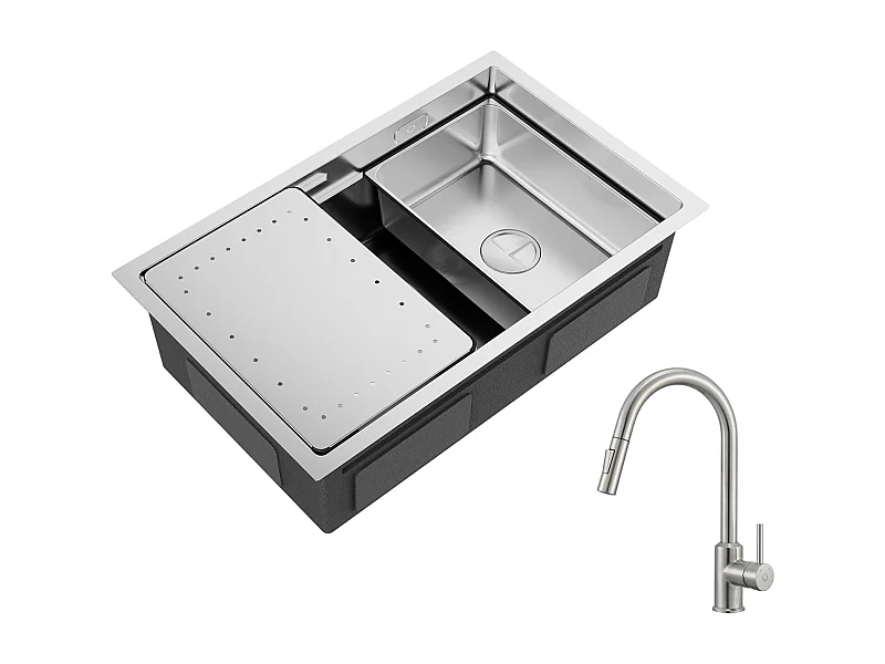 Cecipa max Évier Cuisine 1 Bac 70×44CM Évier à Encastrer Inox Brossé avec Egouttoir et Vasque + Mitigeur de Cuisine Brossé avec Douchette Extractible